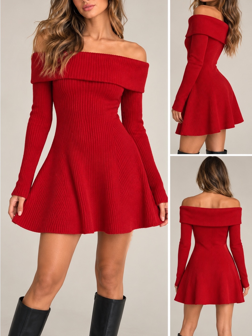 H&M Red Ribbed Off-Shoulder Turtleneck Sweater Dress